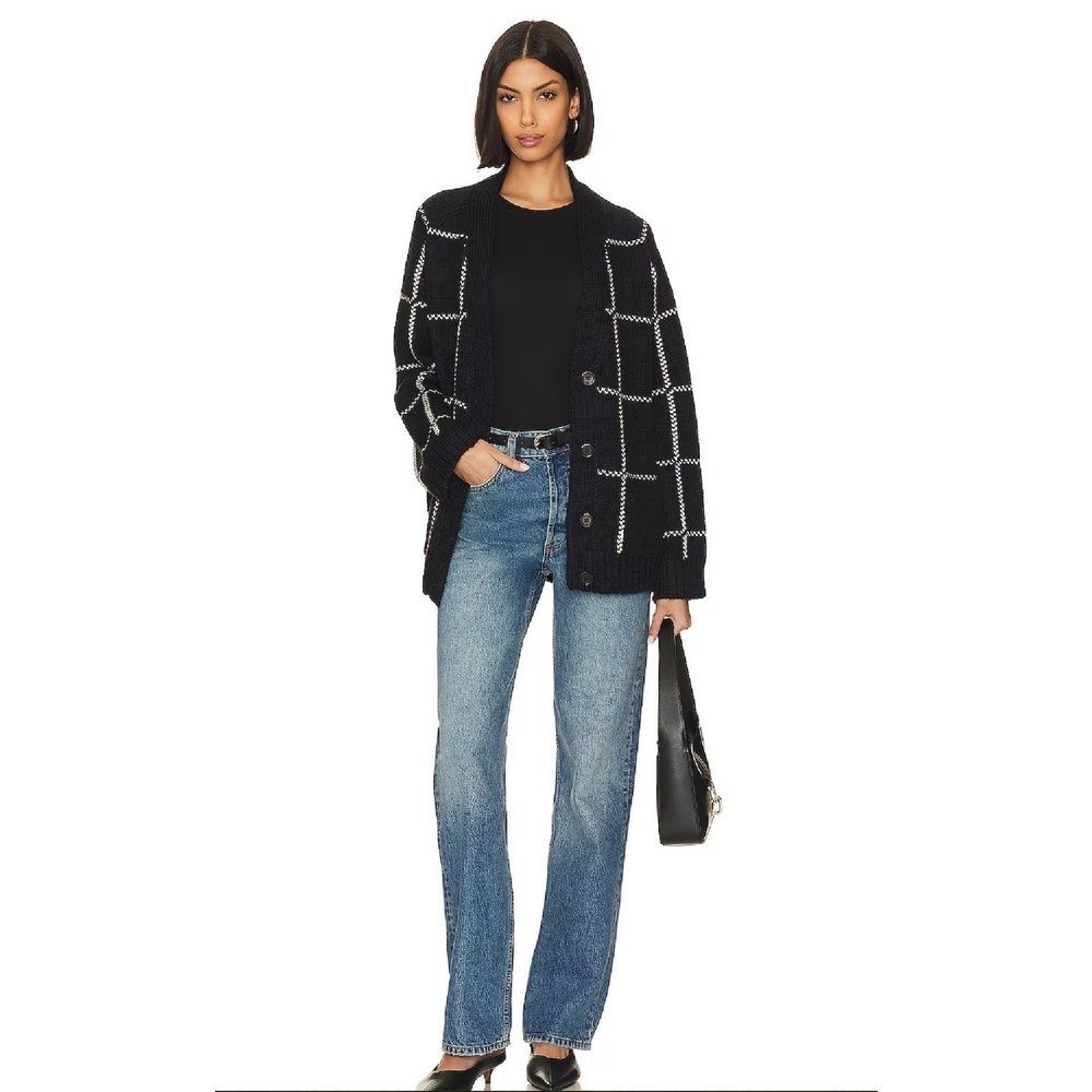 ANINE BING Revolve Cardigan Jacket L Sweater Plaid Check Classic Chic Black Kurt